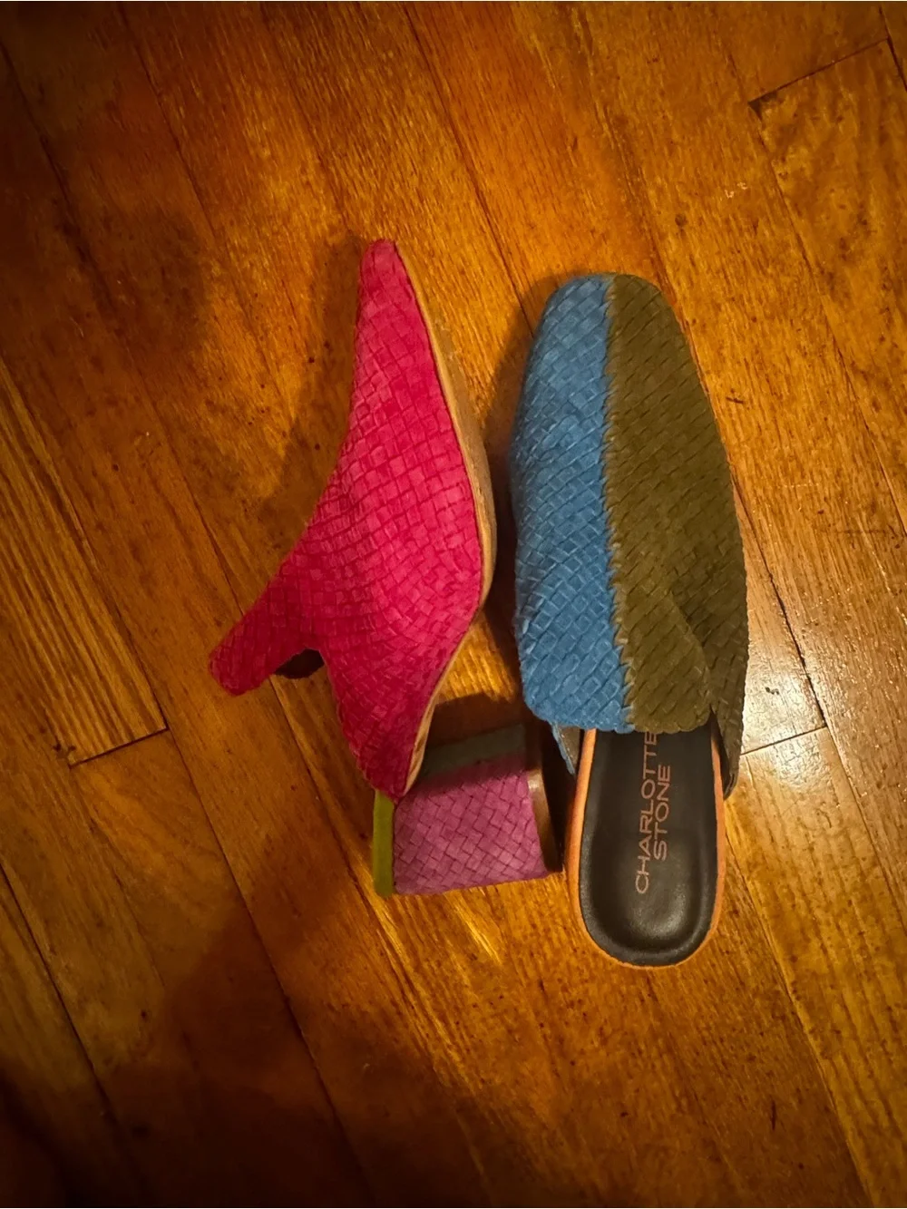 Charlotte Stone Two-Tone Woven Slip-On Mules in Pink and Blue-Green - Picture 2 of 4